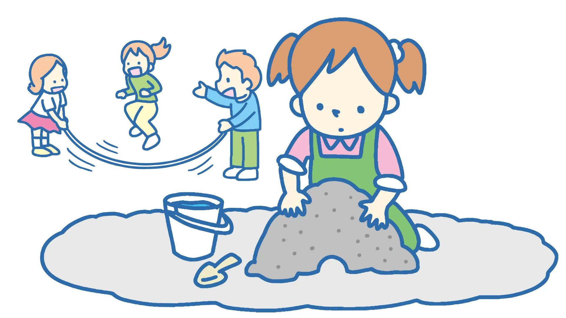 友達の輪にまざることなく一人で砂場遊びをしている女の子。