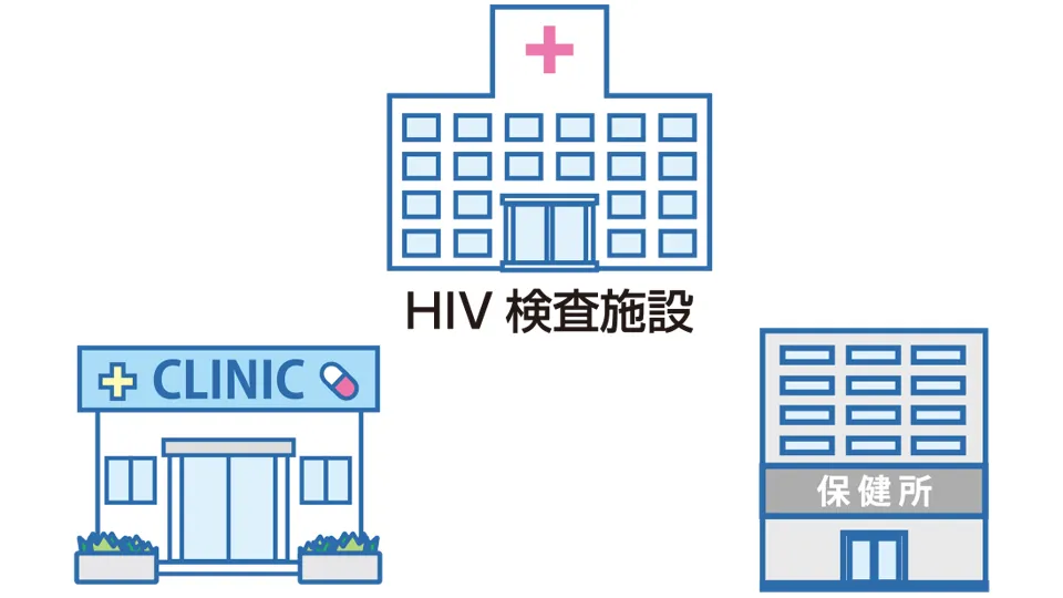 HIV検査施設である病院、クリニック、保健所のイラスト。