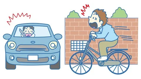 道路の交差点で、自転車と自動車が衝突しそうになっているイメージ図
