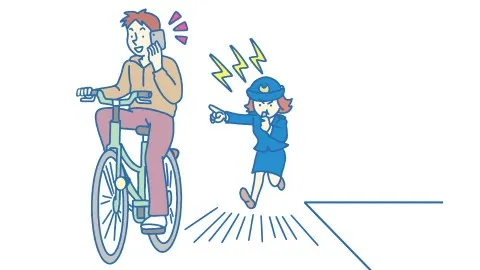 スマートフォンで話しながら自転車に乗り、赤信号を無視した男性。警察官が笛を吹いて、男性を指さして注意している。