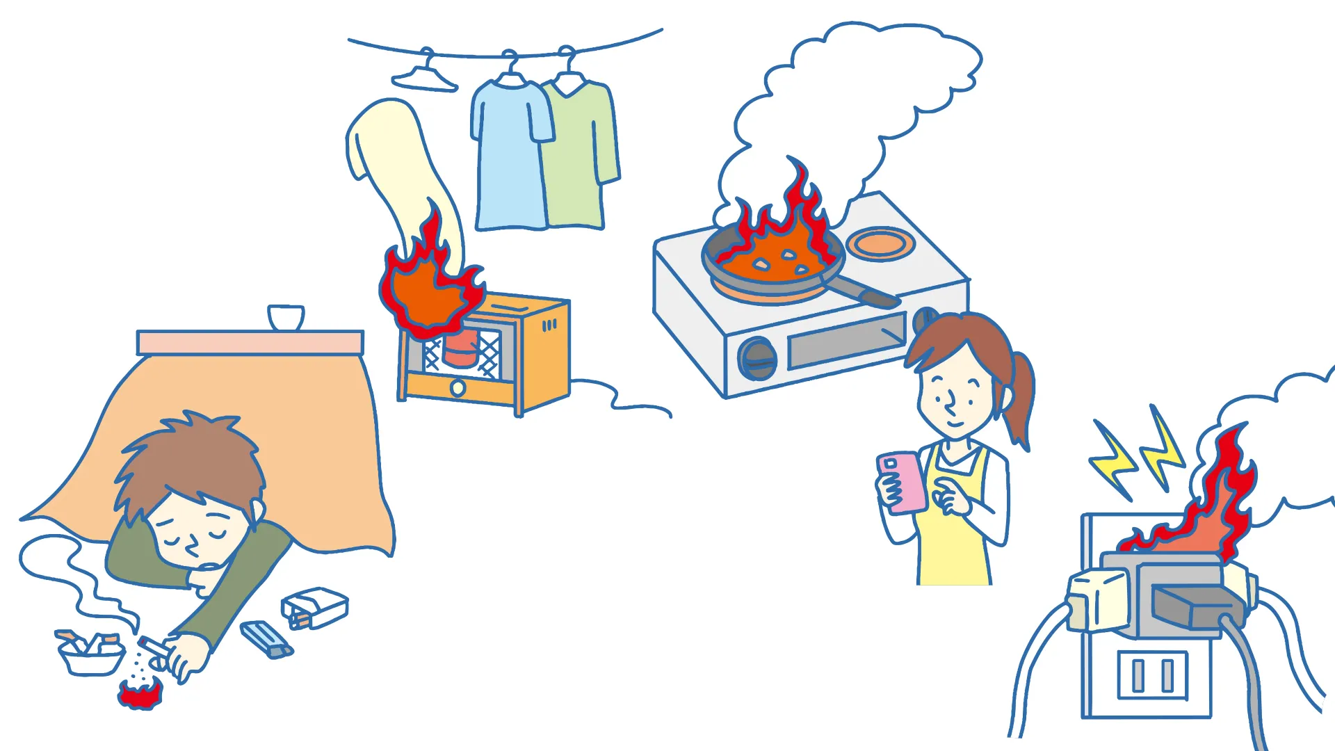 住宅火災の主な原因：寝たばこ、ストーブ、こんろ、電気器具のイラスト