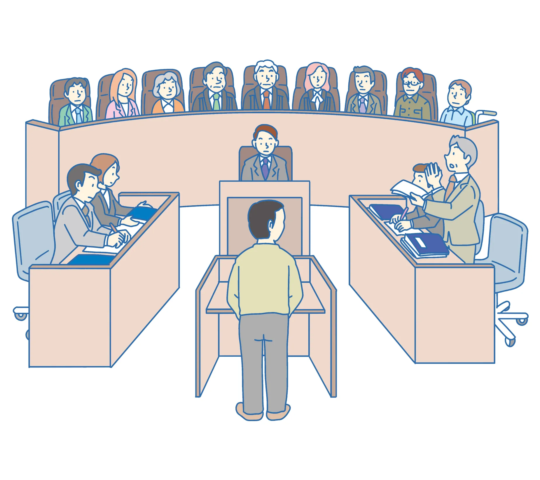 裁判員裁判のイメージ。裁判員、裁判官、書記官、検察官、弁護人、被告人が法廷に集まっている。