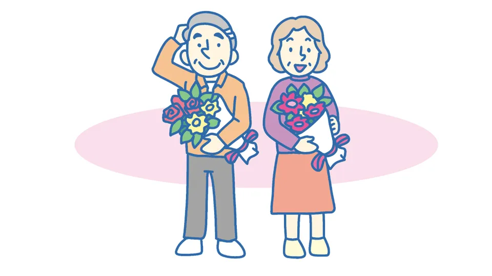 敬老の日に、花束を受け取る男性と女性のイラスト。