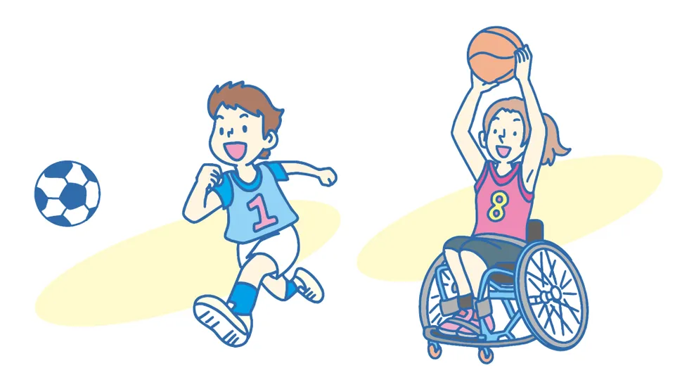 サッカーをする少年と車いすでバスケをする女の子のイラスト。