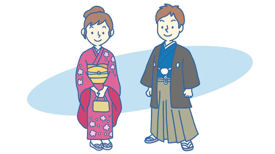 成人の日に、振袖と袴を着ている新成人達。