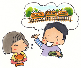 電車のおもちゃをもって、電車について熱心に他の子供に話す男の子。話を聞いている子供は、少し困った顔をしている。