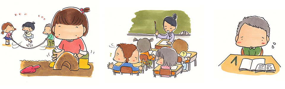 様々な発達障害の子供の例。授業中、教室でほかの子供たちが先生のほうを向いている中、一人だけきょろきょろしている男の子。教科書とノートを机に広げ、鉛筆を置いたまま、モジモジしている男の子。