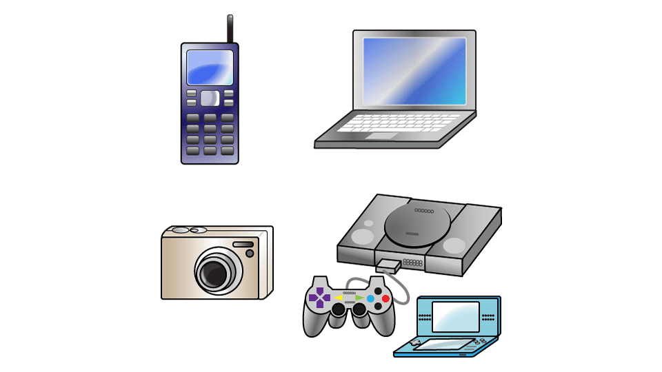 小型家電リサイクルの対象となる小型家電のイラスト。携帯電話、デジタルカメラ、家庭用ゲーム機器、パソコンなど。