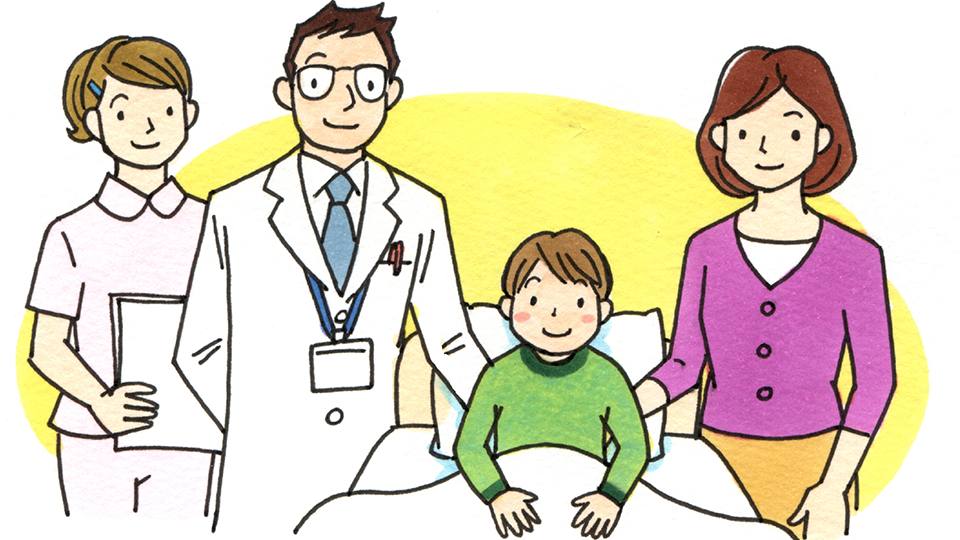 病室のベッドにいる子供と、その傍に立つ家族、医療スタッフ 