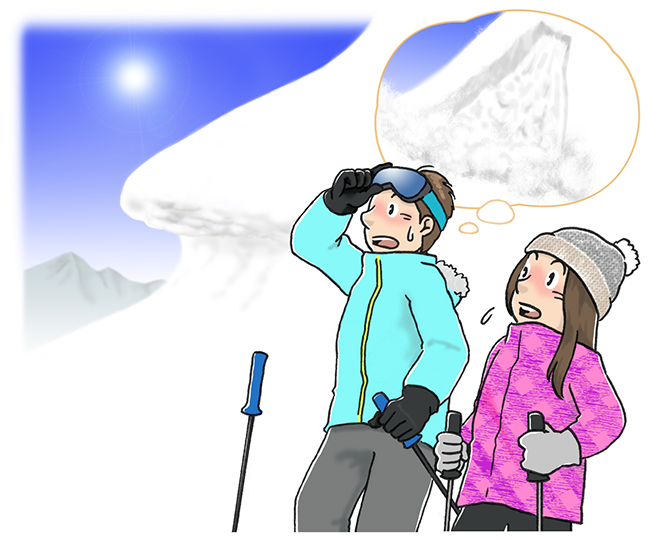スキー場で雪崩の前兆現象である雪庇を発見し、ひやっとしている2人のスキーヤー