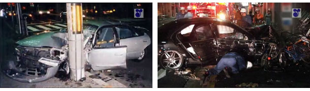 飲酒運転による事故現場の写真。衝突事故で車がつぶれている。