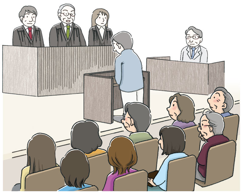 法廷での裁判の様子と傍聴席の人々