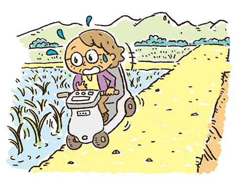 イラスト：転落防止策のない水田の脇の道を電動車いすで運転し、水田に落ちそうになっている高齢者