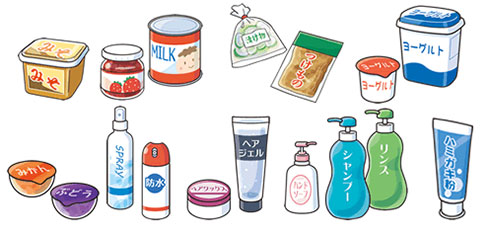 イラスト：持ち込み禁止液体物の代表例。みそ、ジャム、缶入りミルク、つけもの、ヨーグルト、ゼリー、スプレー、ジェル、クリーム、シャンプーやリンス、歯磨き用ペースト