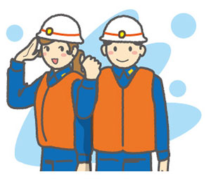 作業服とヘルメットを着用した2人の水防団員