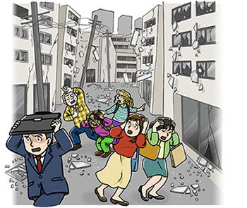 大地震が発生したときの街中のイメージ。ビルの窓ガラスが割れ、頭を守って逃げようとする人々。