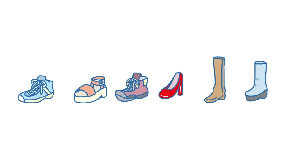 保安検査の対象となる靴の例。足首まで覆うスニーカー、厚底の靴、登山靴、金属など装飾が多い靴、ロングブーツ