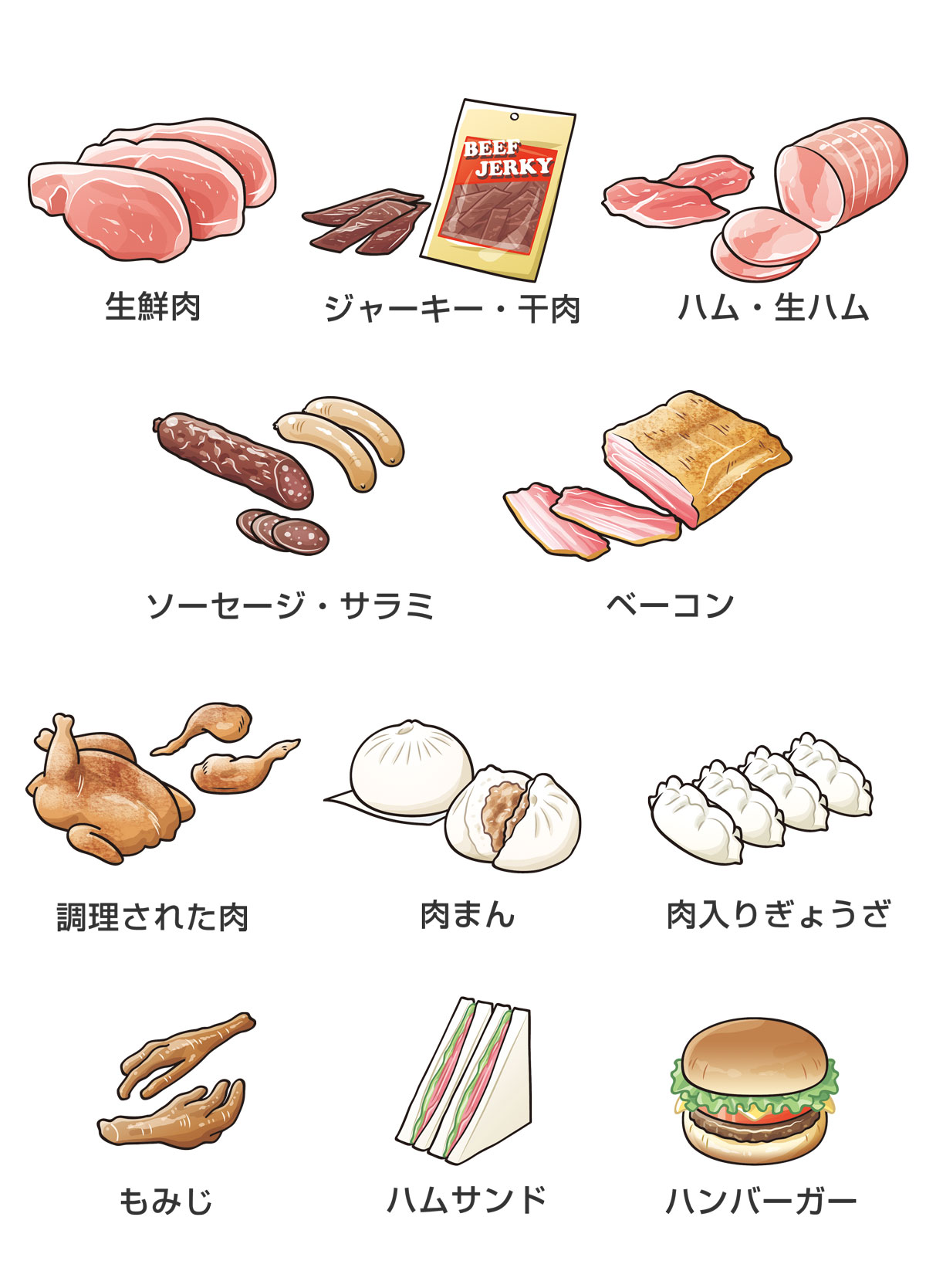 持込み禁止の肉や肉製品の例を示したイラスト。生鮮肉、ジャーキー・干肉、ハム・生ハム、ソーセージ・サラミ、ベーコン、調理された肉、肉まん、肉入りぎょうざ、もみじ、ハムサンド、ハンバーガー。