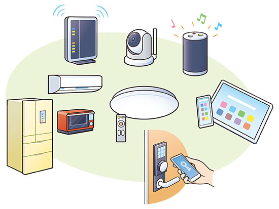 イラスト：IoT家電（スマート家電）の例。冷蔵庫、エアコン、電子レンジ、ルーター、ウェブカメラ、スマートフォン、タブレット、スピーカー、照明機器、家の鍵（スマートロック）。
