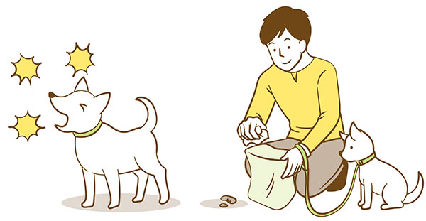 左のイラスト：吠える犬。右のイラスト：散歩中、犬がした糞を袋に入れて片付ける飼い主