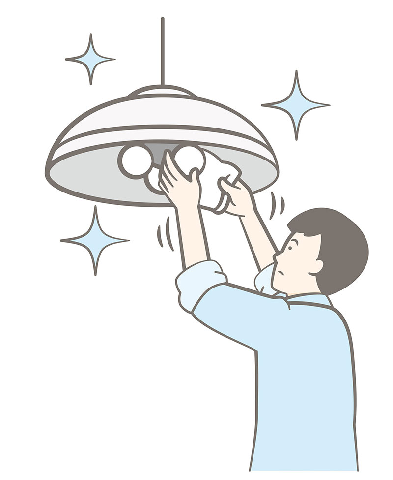 男性が照明器具のランプをぞうきんでふいているイメージのイラスト