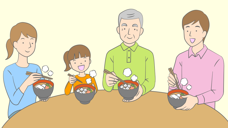 お雑煮を食べる高齢者と孫、その親のイラスト
