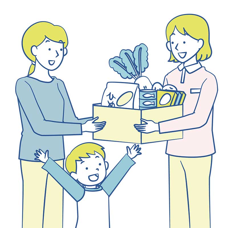 イラスト：小さいこどもがいる母子家庭に、様々な食品が入った箱を届けるフードバンクの担当者